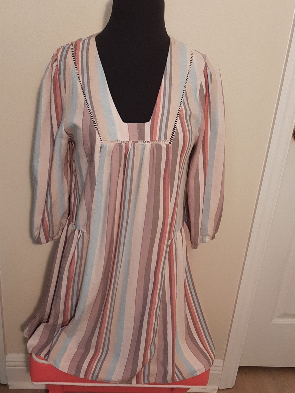 Boho Peasant Dress, Linen &rayon. Multicolor. Faggoting Trim At Neck.